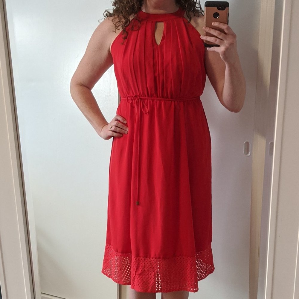 Red midi dress with keyhole neck and lace hem